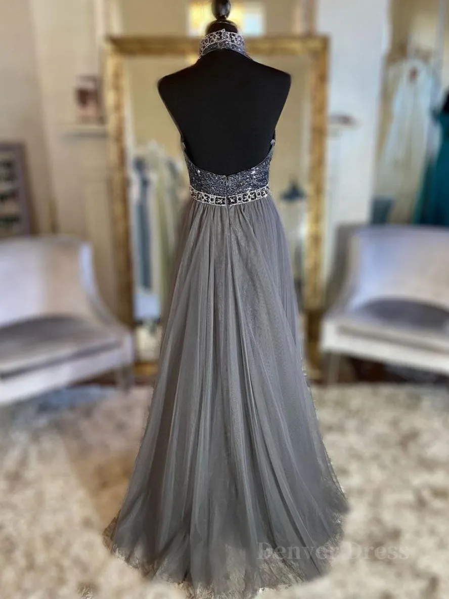 kamahe Gray v neck tulle beads long prom dress, gray tulle formal dress