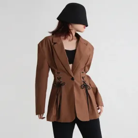 Lace Up Blazers For Women Notched Collar Long Sleeve Slim Solid Single Breasted Blazer Female Autumn Clothing