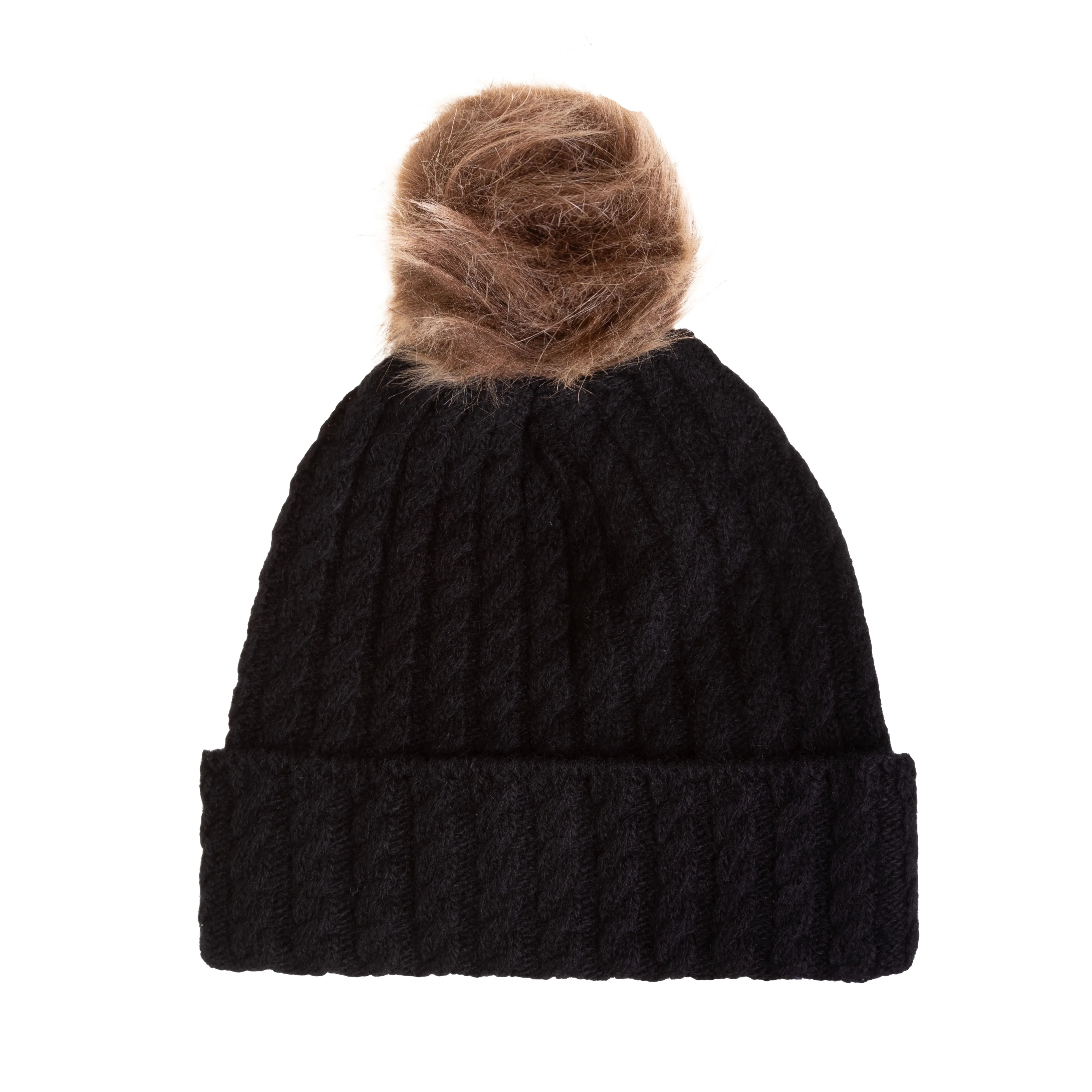 Ladies Cable Lambswool Mix Beanie Pom Black