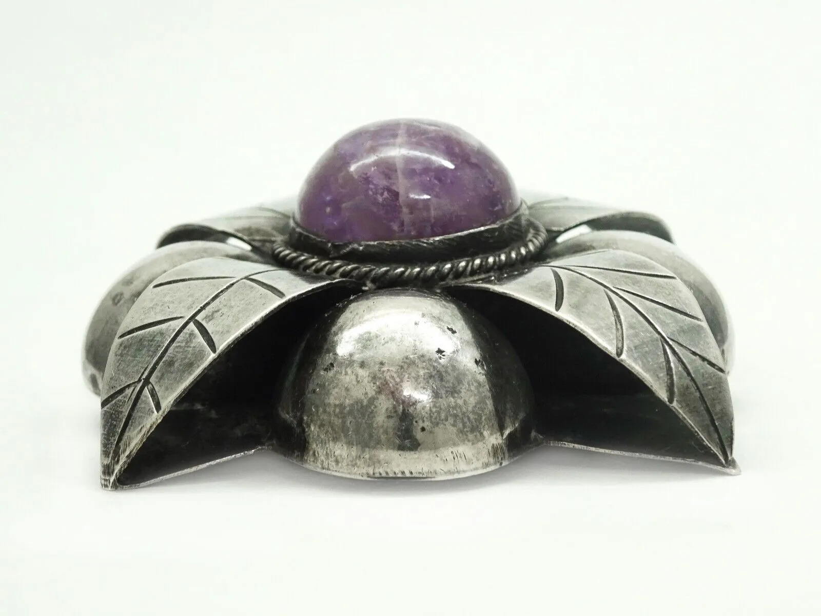 Large Amethyst Round Cabochon Flower Brooch Pin Mexico Sterling Silver