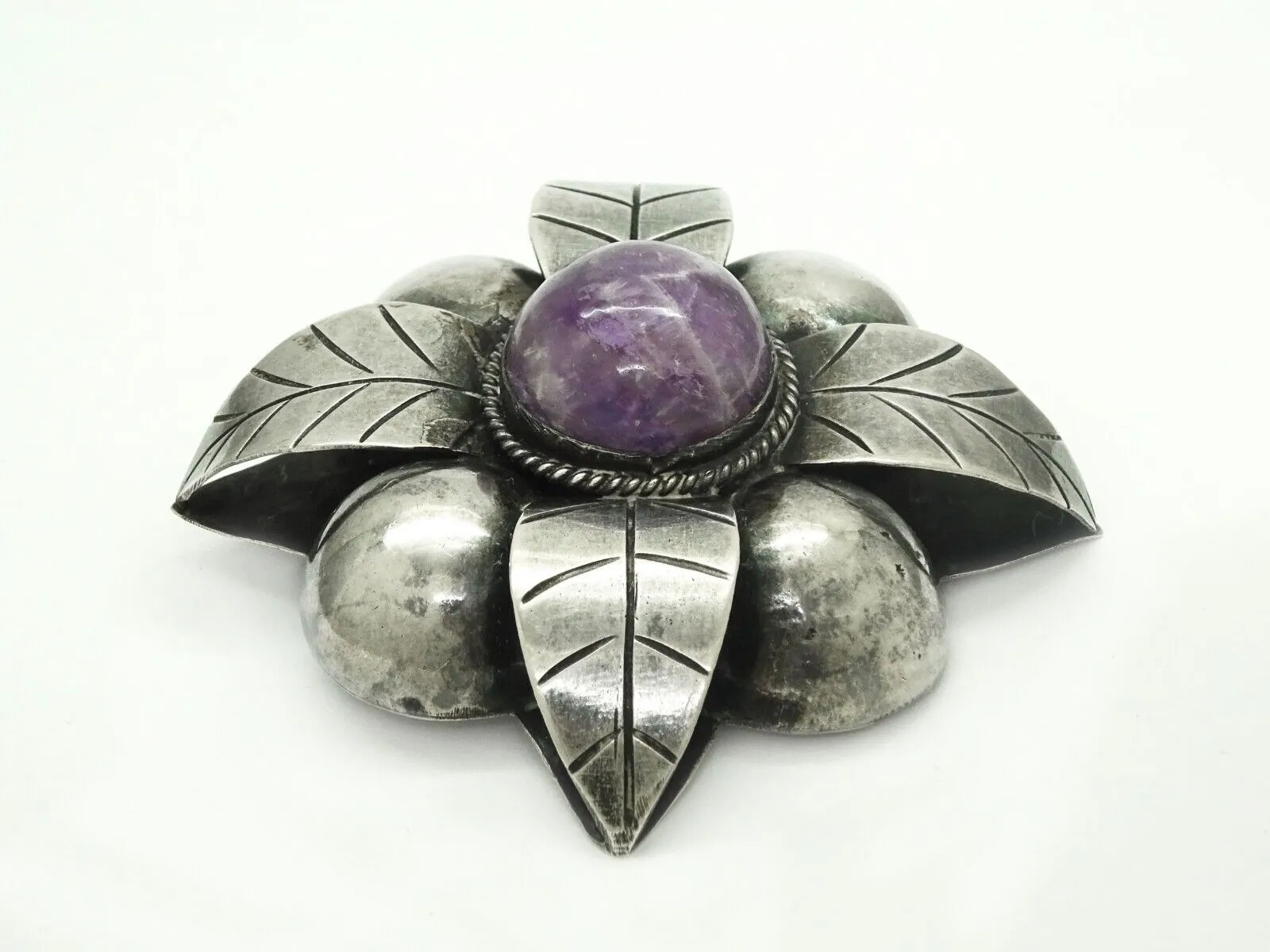 Large Amethyst Round Cabochon Flower Brooch Pin Mexico Sterling Silver