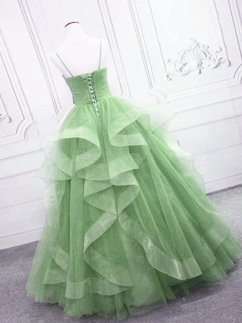 Light Green Layers Tulle Straps Long Formal Dress, Light Green Sweet 16 Gown