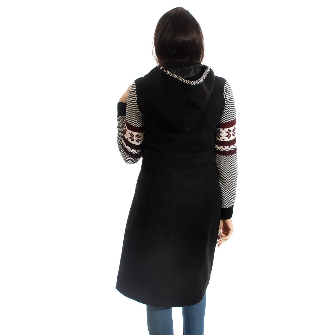 Long coat with removable hoodie/ black -5903