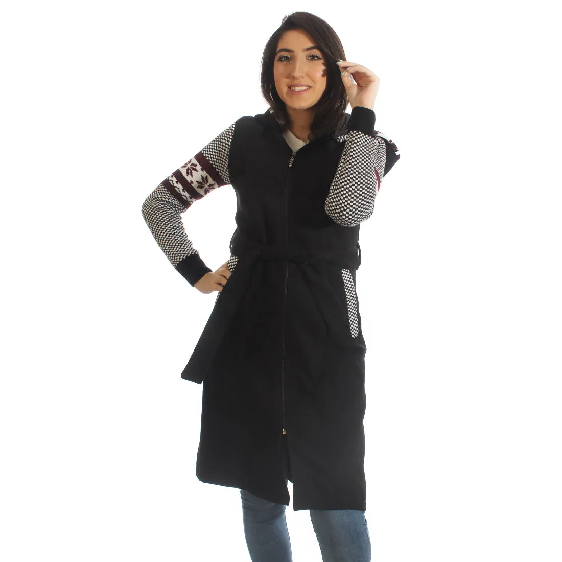 Long coat with removable hoodie/ black -5903