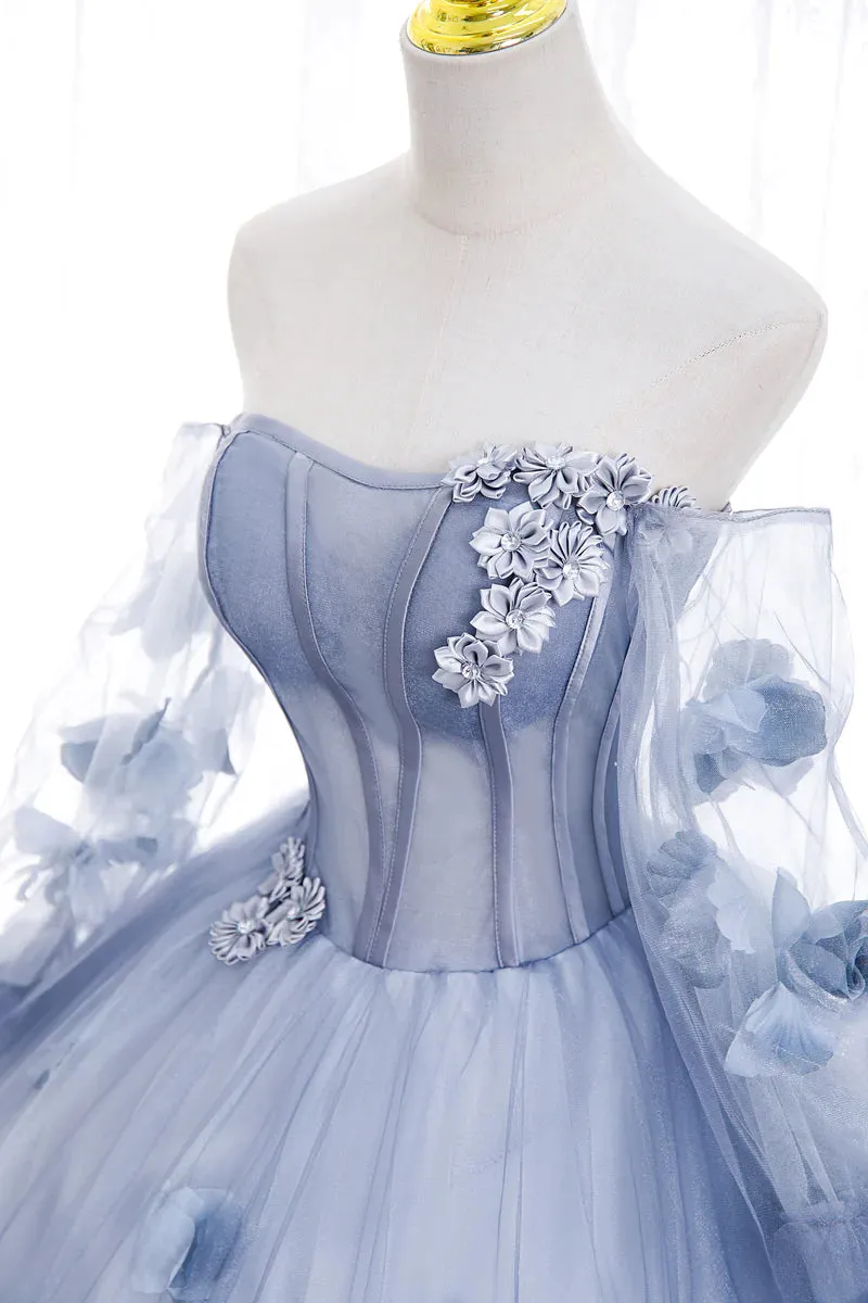 Lovely Light Blue Tulle Long Sleeves Sweet 16 Dress, Light Blue Flowers Formal Dress.