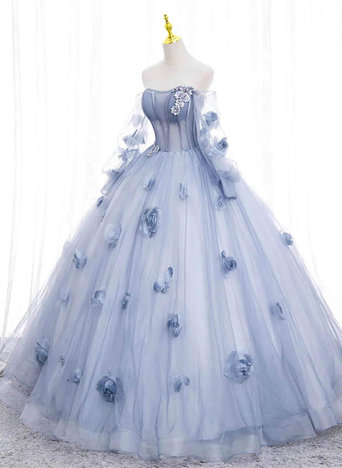 Lovely Light Blue Tulle Long Sleeves Sweet 16 Dress, Light Blue Flowers Formal Dress.