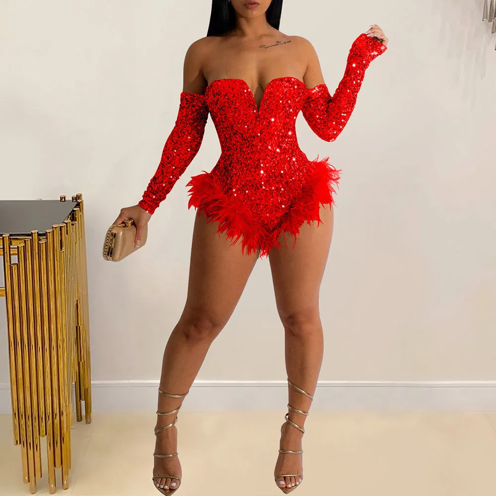 MALYBGG Monochromatic Beaded Long-Sleeve Romper Jumpsuit 6225LY