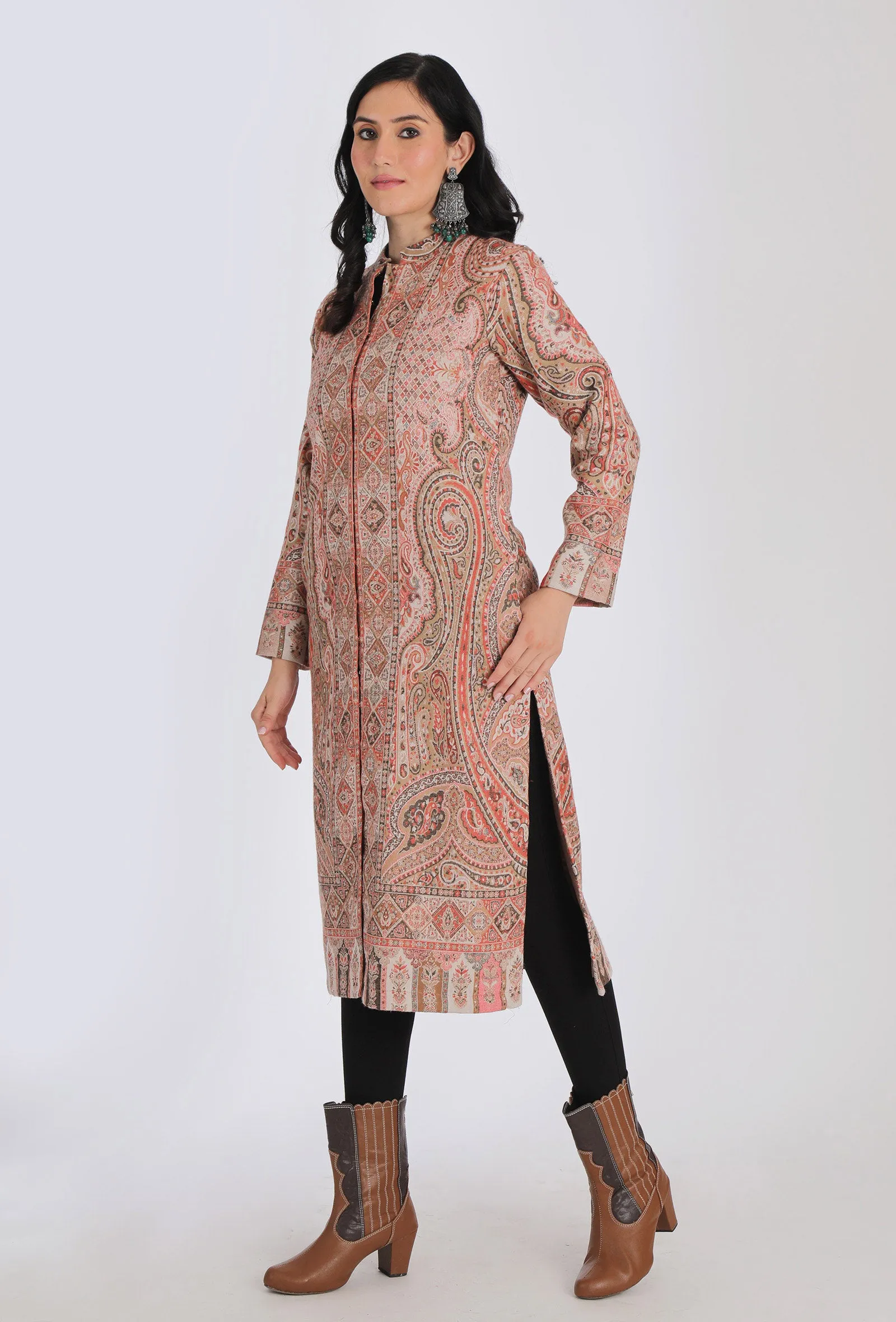 Manhoor salmon pink Kani Jamavar Long Coat Outer Jacket