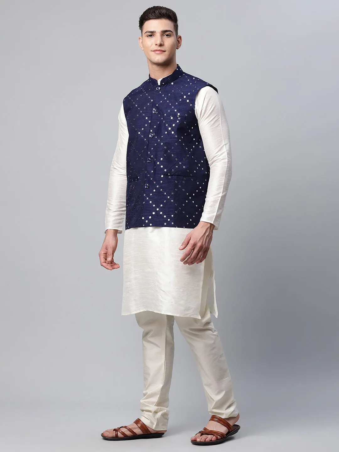 Men Dupion Silk Kurta Pyjama With Navy Mirror Work Nehru Jacket