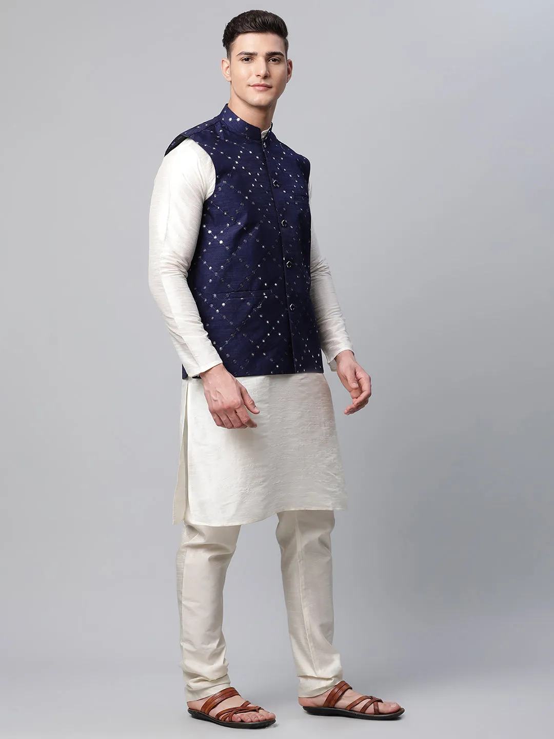 Men Dupion Silk Kurta Pyjama With Navy Mirror Work Nehru Jacket