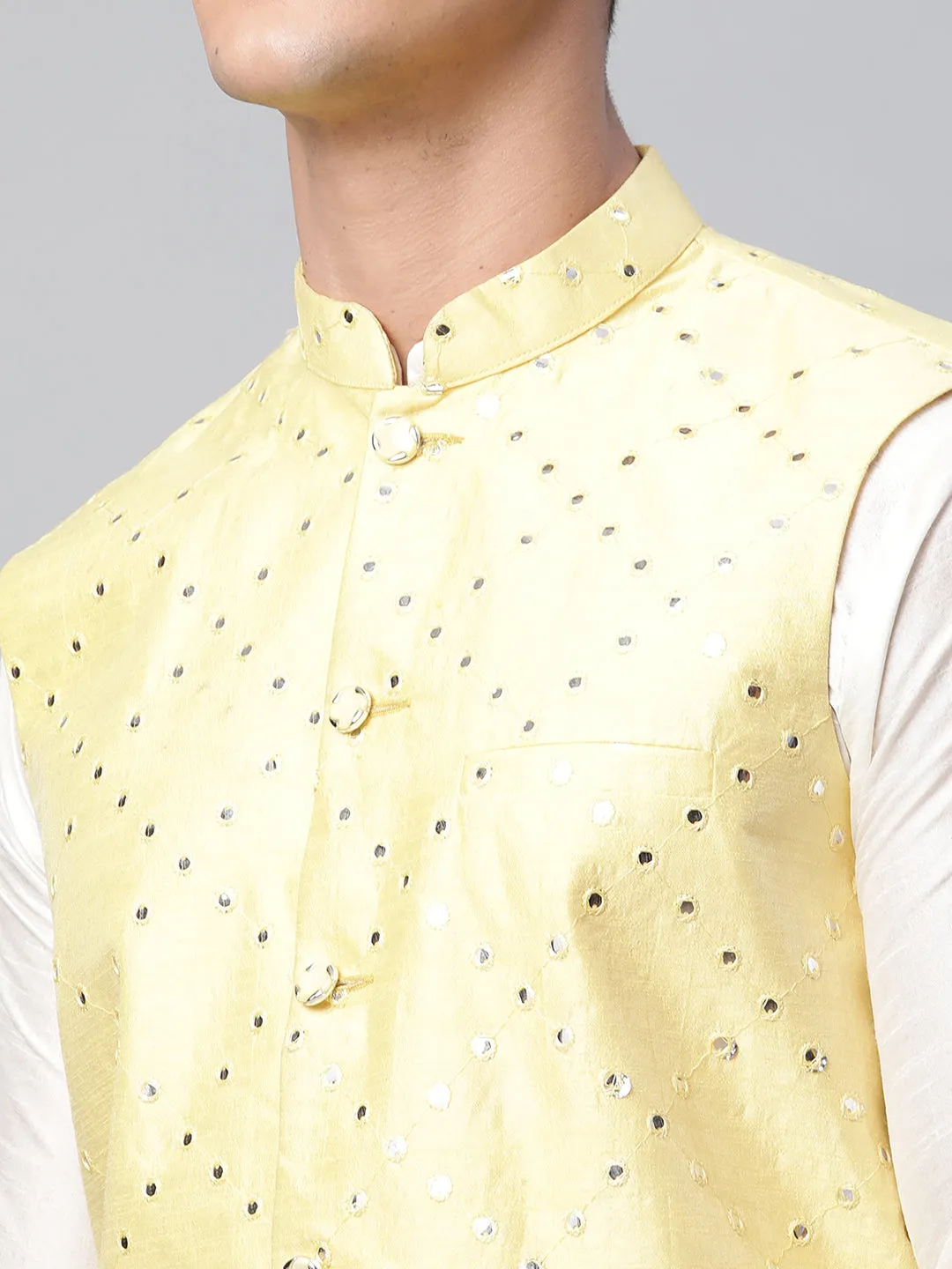 Men Dupion Silk Kurta Pyjama With Yellow Mirror Work Nehru Jacket