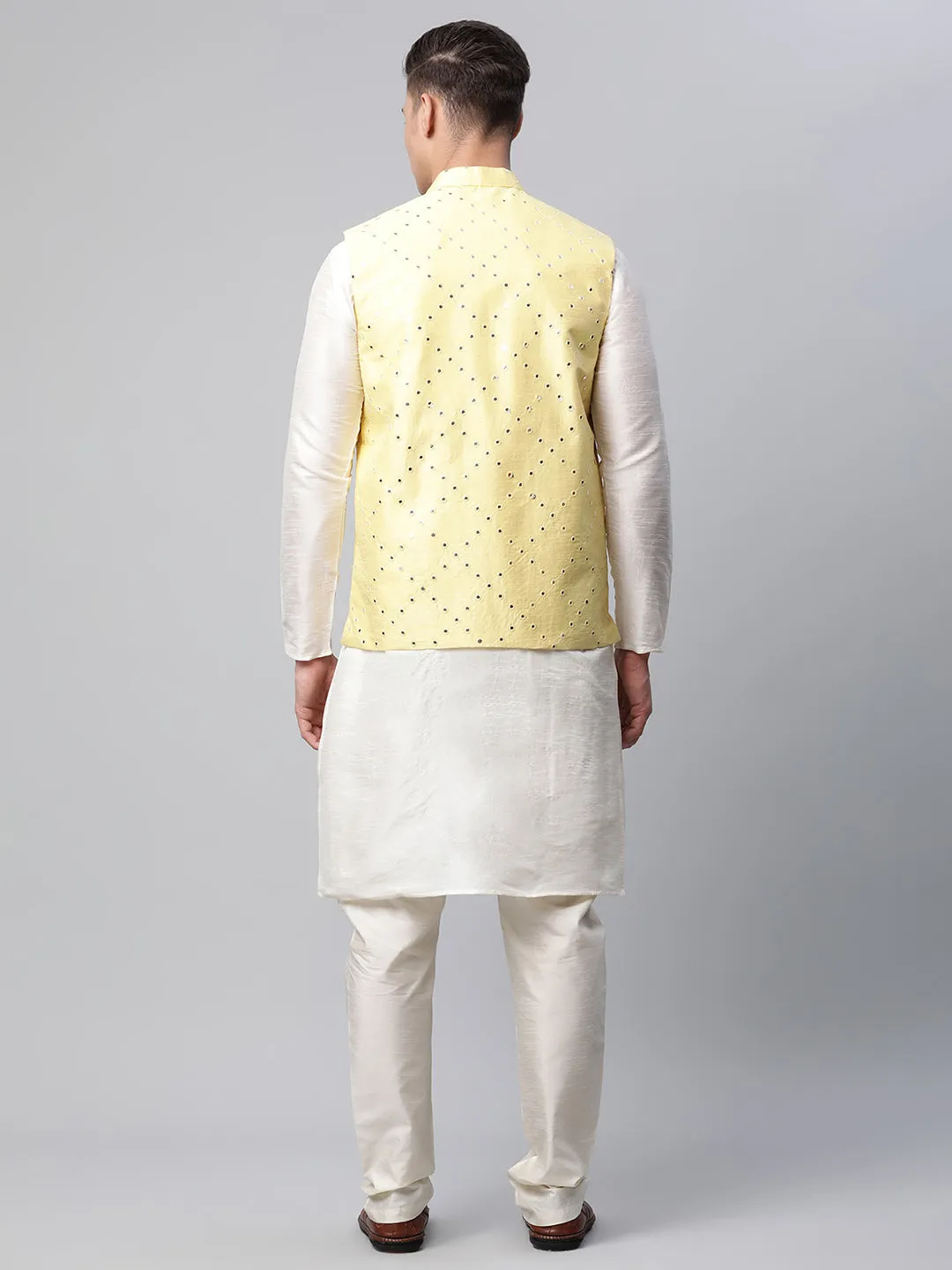 Men Dupion Silk Kurta Pyjama With Yellow Mirror Work Nehru Jacket