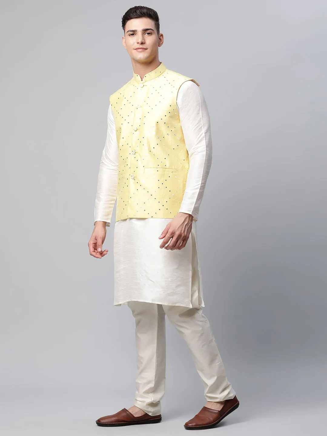 Men Dupion Silk Kurta Pyjama With Yellow Mirror Work Nehru Jacket