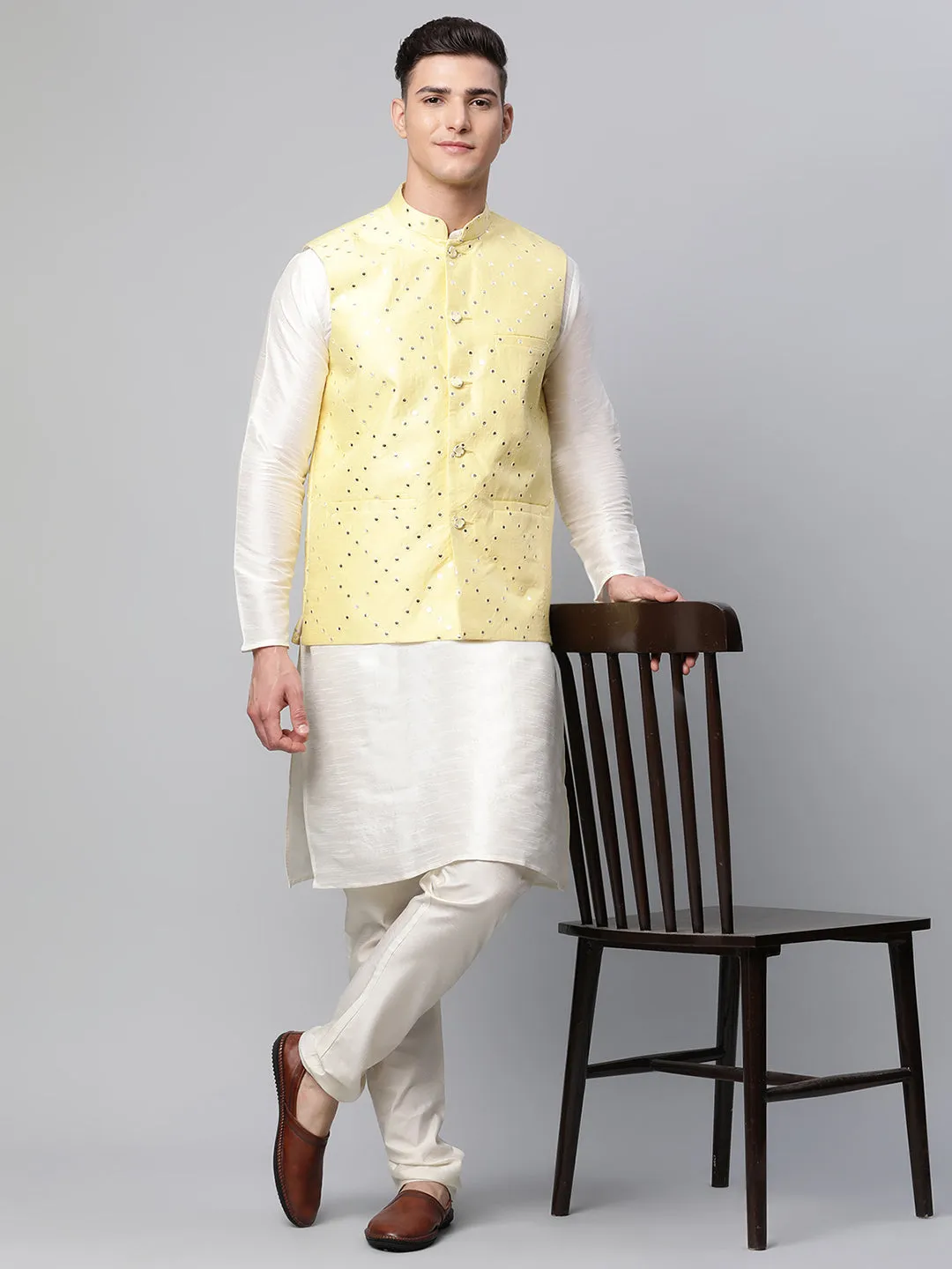 Men Dupion Silk Kurta Pyjama With Yellow Mirror Work Nehru Jacket