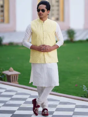 Men Dupion Silk Kurta Pyjama With Yellow Mirror Work Nehru Jacket