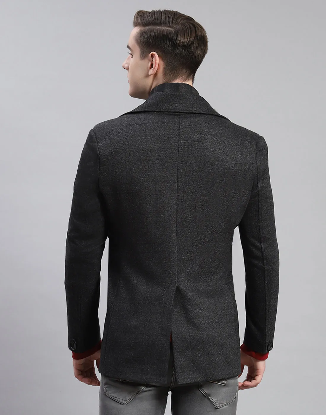 Men Grey Solid Lapel Collar Full Sleeve Coat