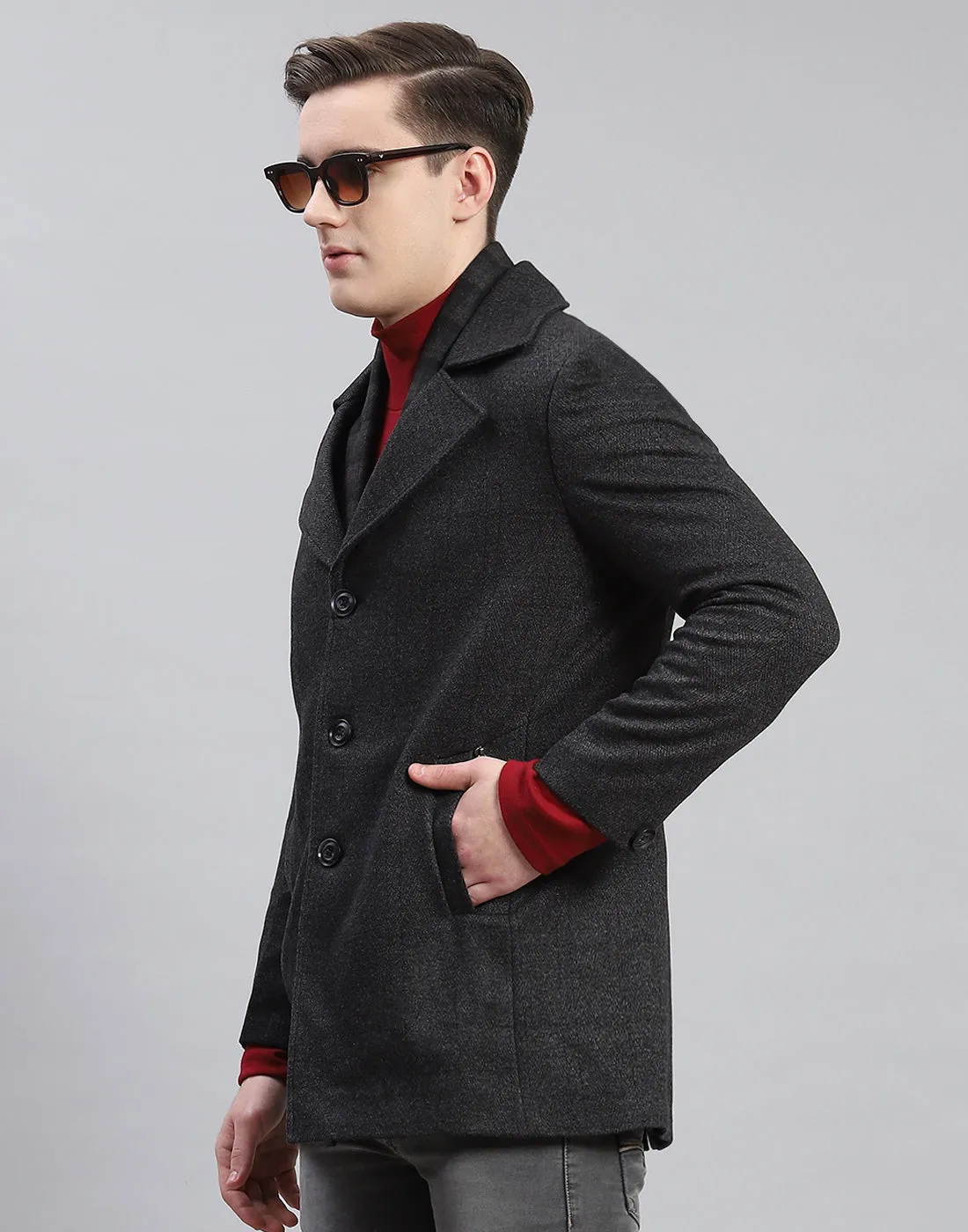 Men Grey Solid Lapel Collar Full Sleeve Coat