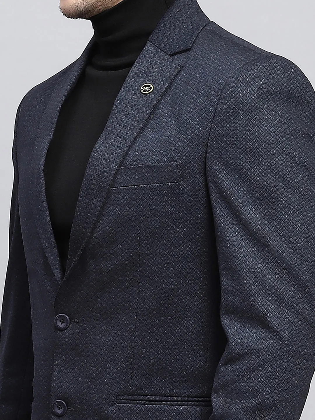 Men Navy Blue Self Design V Neck Full Sleeve Coat