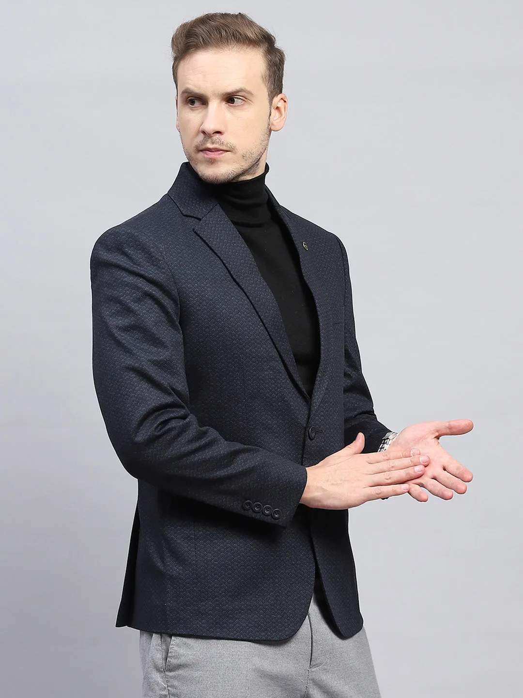 Men Navy Blue Self Design V Neck Full Sleeve Coat