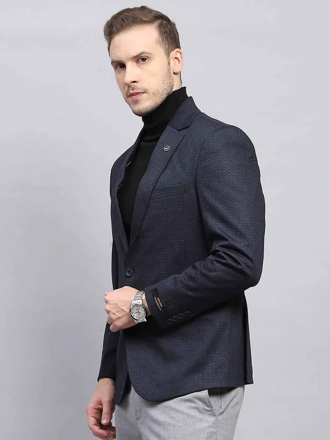 Men Navy Blue Self Design V Neck Full Sleeve Coat