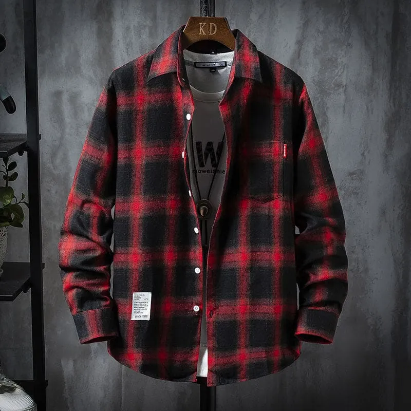 Men Plaid Print Lapel Collar One Pocket Button Up Shirt Jacket