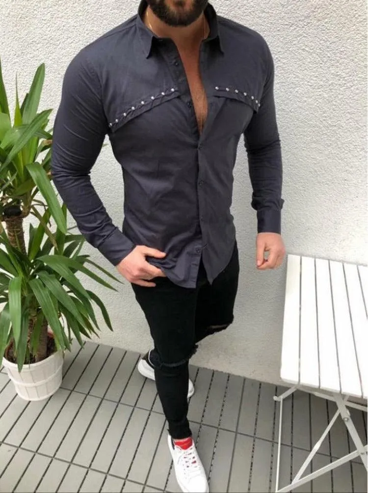 Men's Casual Cardigan Lapel Solid Color Shirt