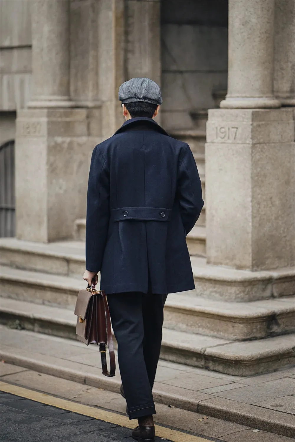 Men's Classic Navy Pea Coat - Double-breasted Slim Thick Woolen Jacket