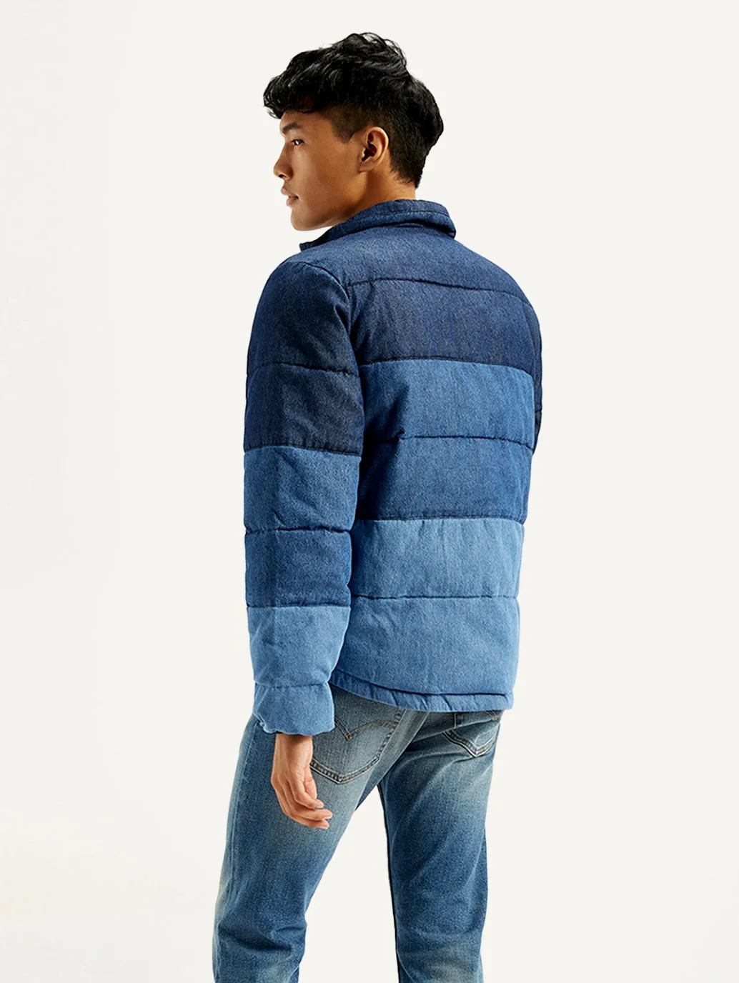 Men's Colorblock Blue High Neck Puffer Jacket