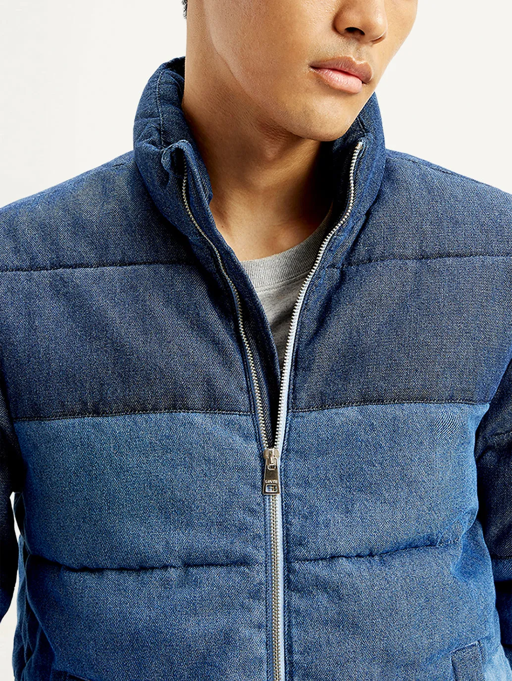 Men's Colorblock Blue High Neck Puffer Jacket