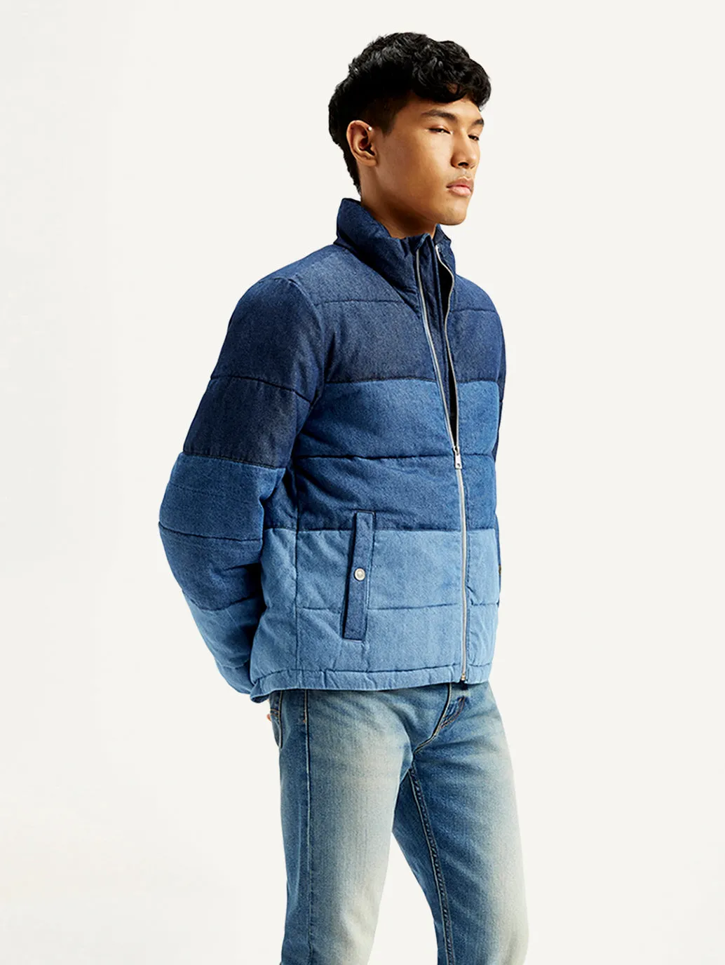 Men's Colorblock Blue High Neck Puffer Jacket