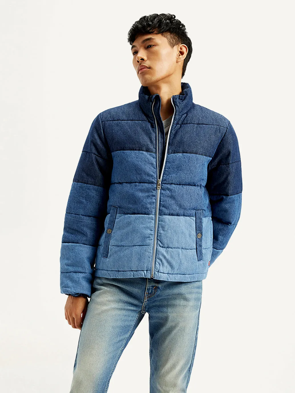 Men's Colorblock Blue High Neck Puffer Jacket