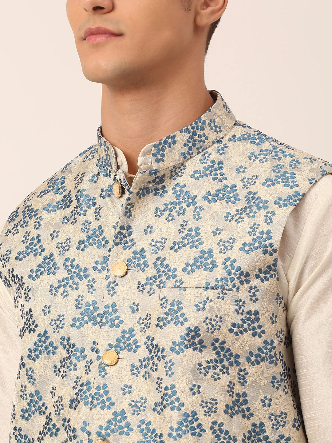 Men's Solid Kurta Pyjama With Blue Floral Embroidered Nehru Jacket