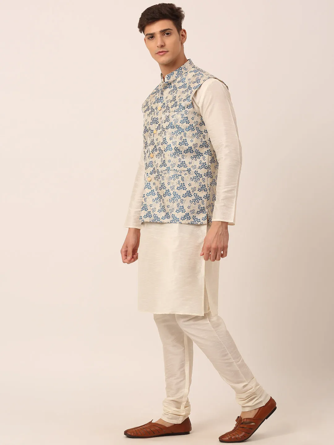 Men's Solid Kurta Pyjama With Blue Floral Embroidered Nehru Jacket