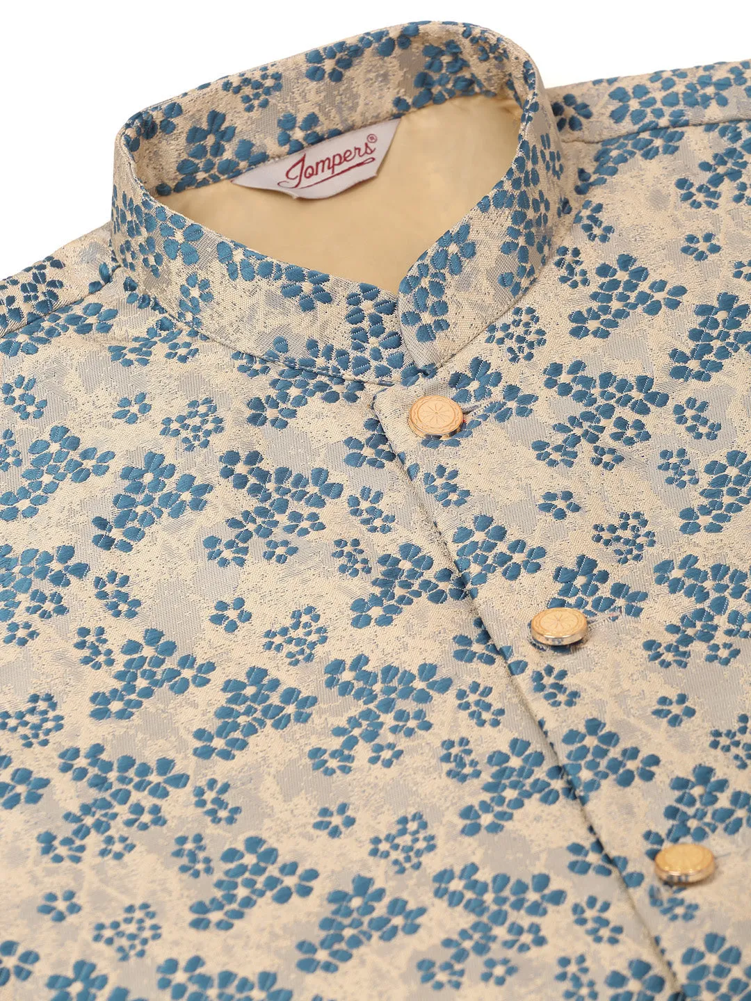 Men's Solid Kurta Pyjama With Blue Floral Embroidered Nehru Jacket