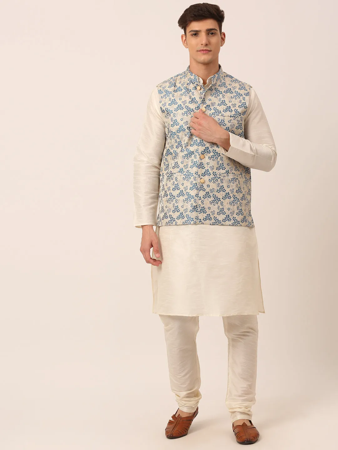 Men's Solid Kurta Pyjama With Blue Floral Embroidered Nehru Jacket