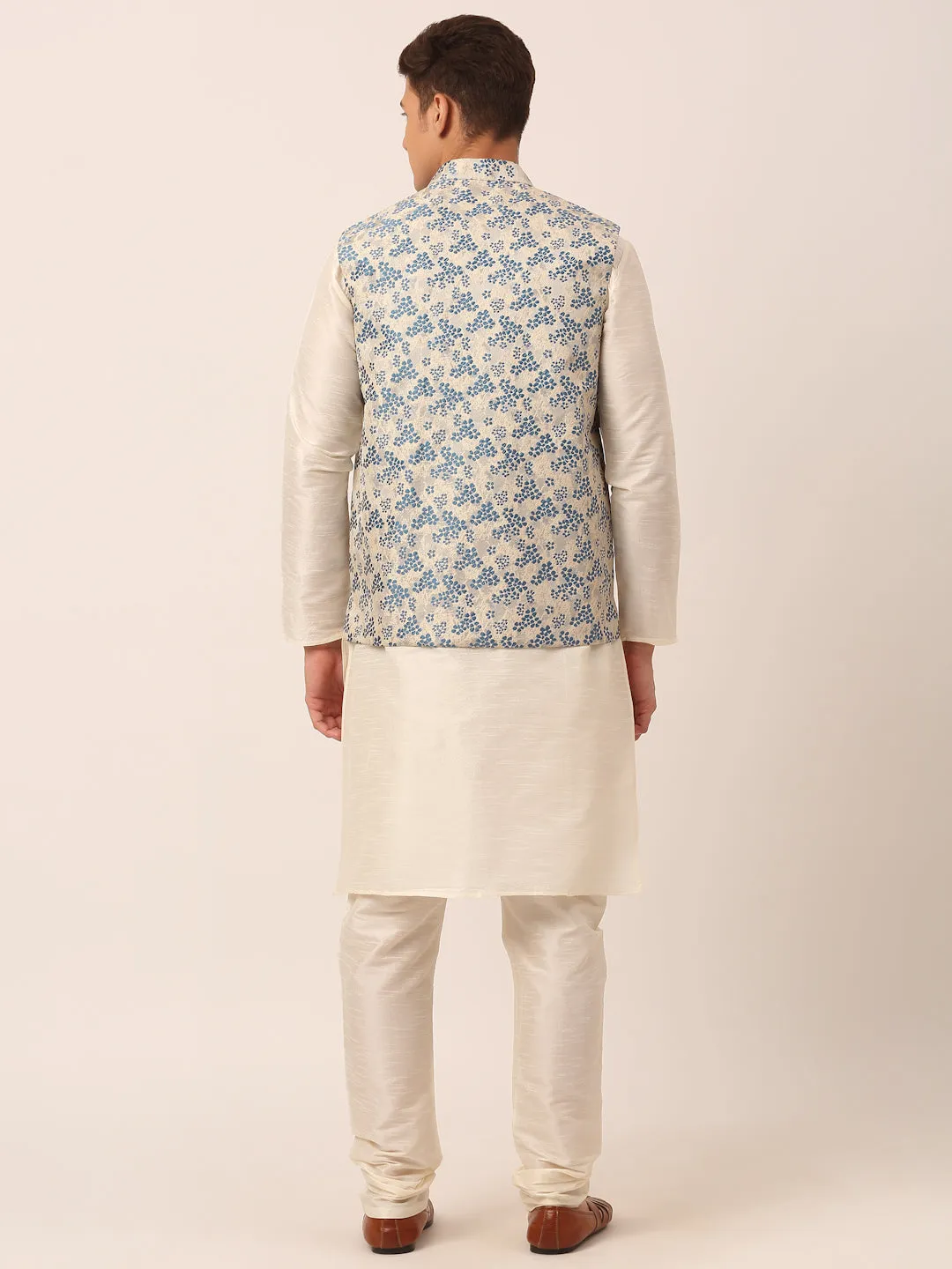 Men's Solid Kurta Pyjama With Blue Floral Embroidered Nehru Jacket