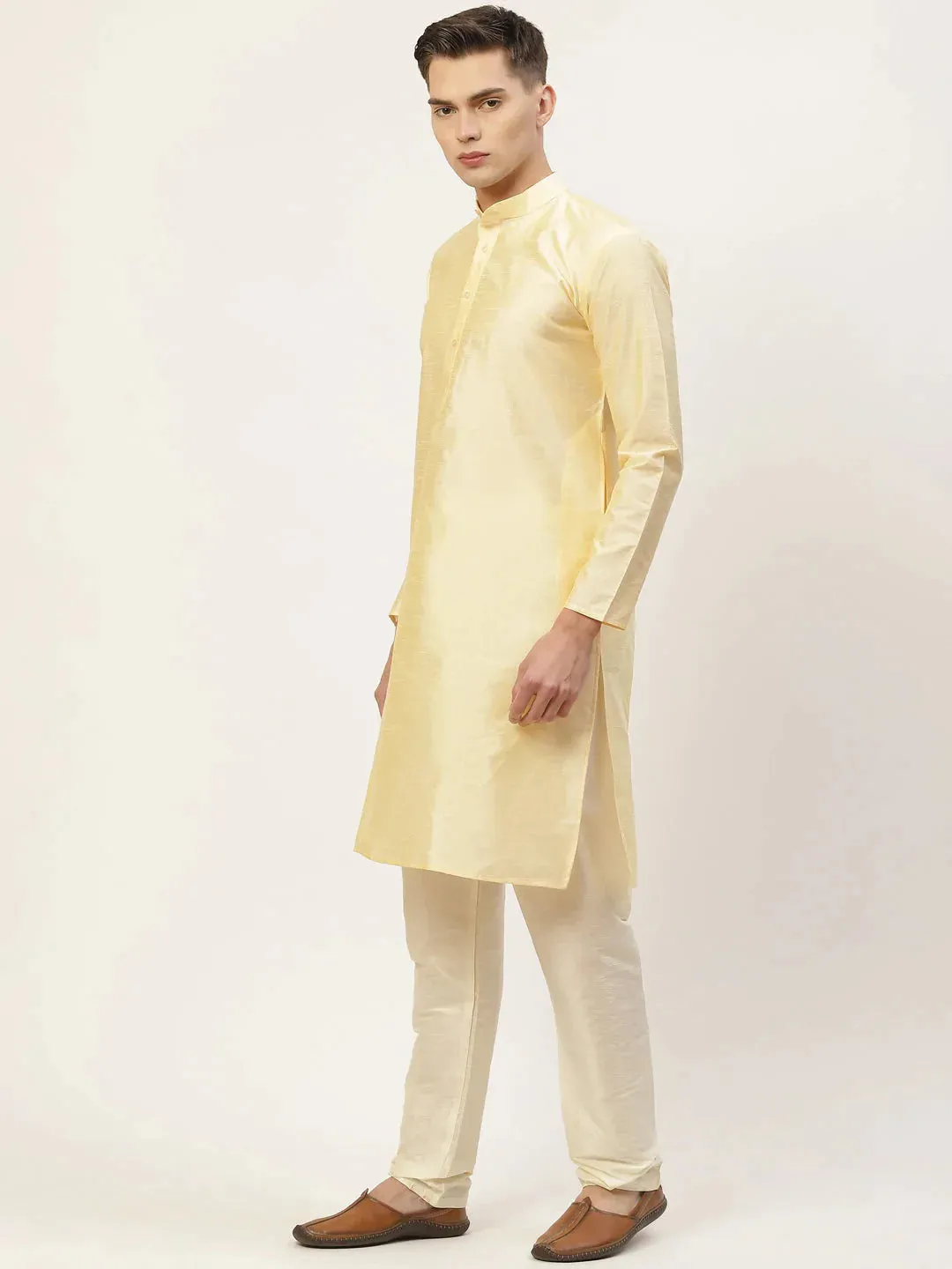 Men'S Solid Kurta Pyjama With Floral Mustard Printed Nehru Jacket