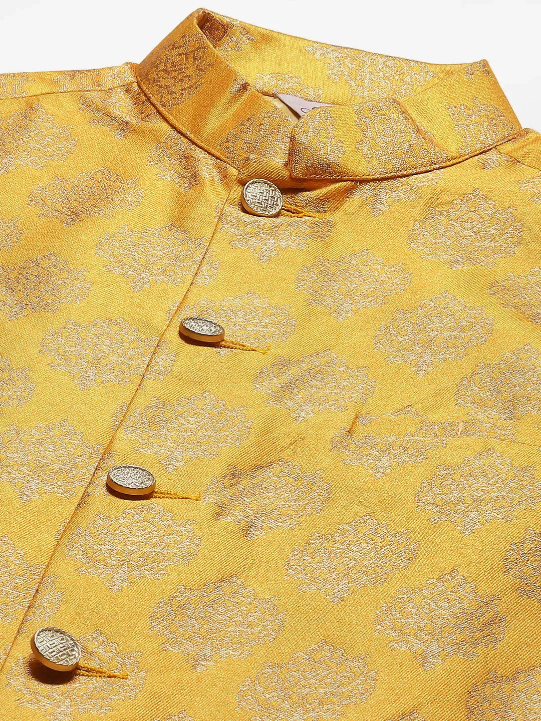 Men'S Solid Kurta Pyjama With Floral Mustard Printed Nehru Jacket