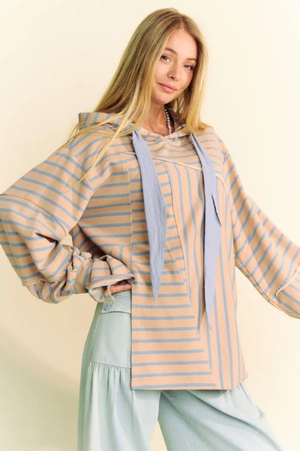 Mercer French Terry Stripe Bell Sleeve Hooded Pullover Top