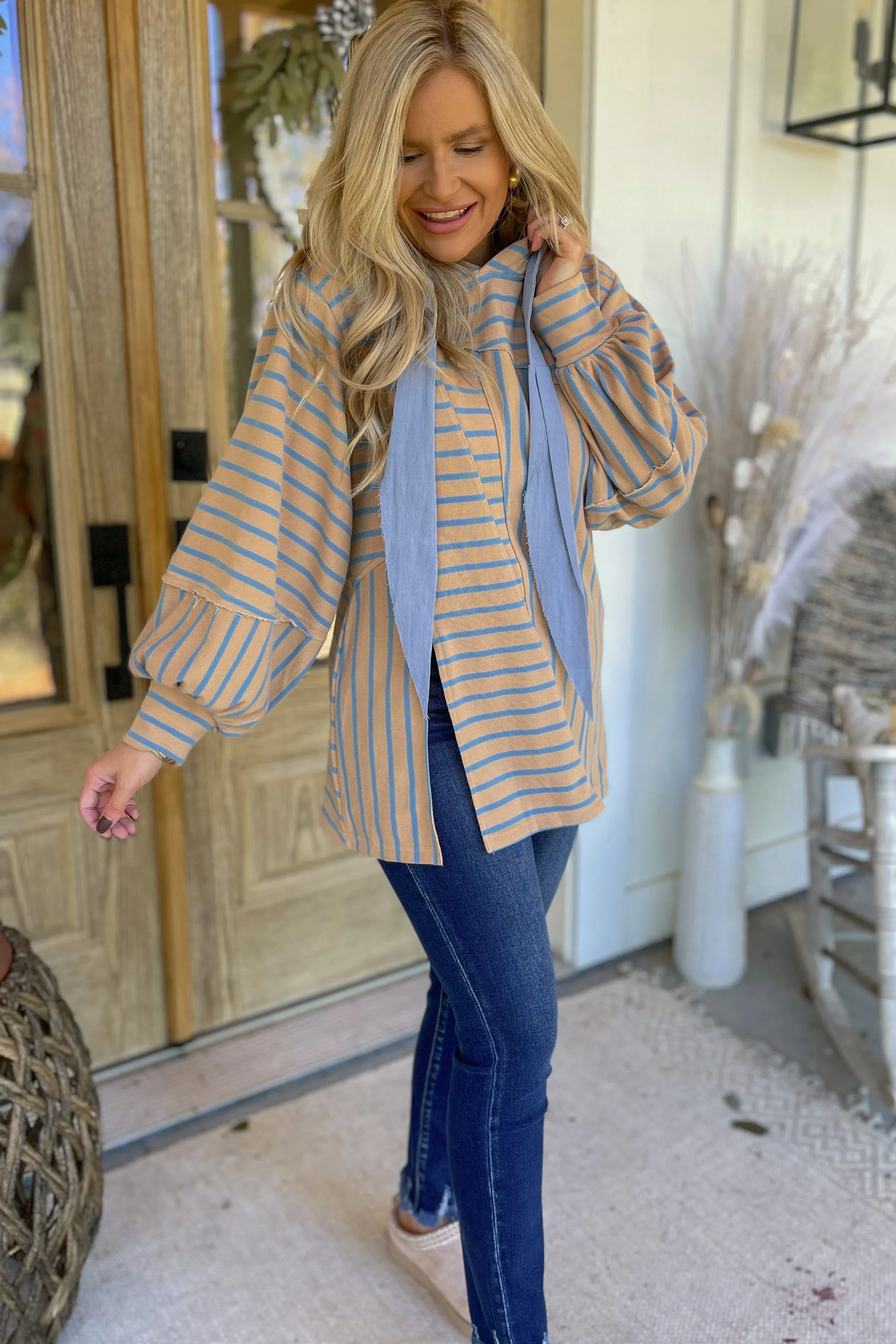 Mercer French Terry Stripe Bell Sleeve Hooded Pullover Top