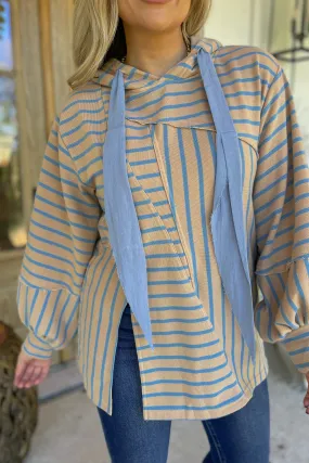 Mercer French Terry Stripe Bell Sleeve Hooded Pullover Top