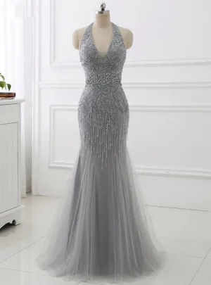 Mermaid Beading Formal Women Dresses Sexy Backless Gray Tassel Evening Dress