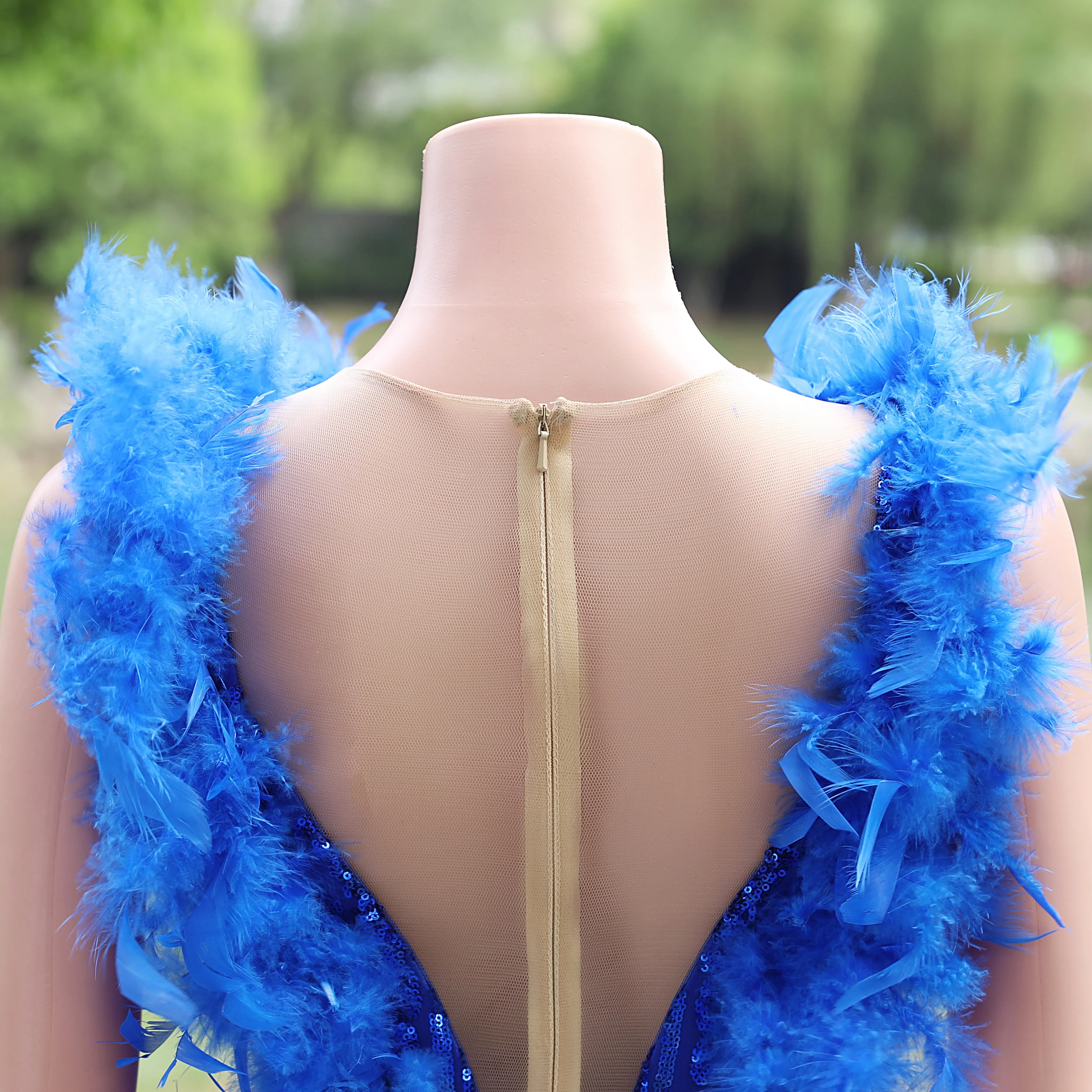 Mermaid Long Prom Dresses Sequin Royal Blue Evening Dresses Feather Sleeveless