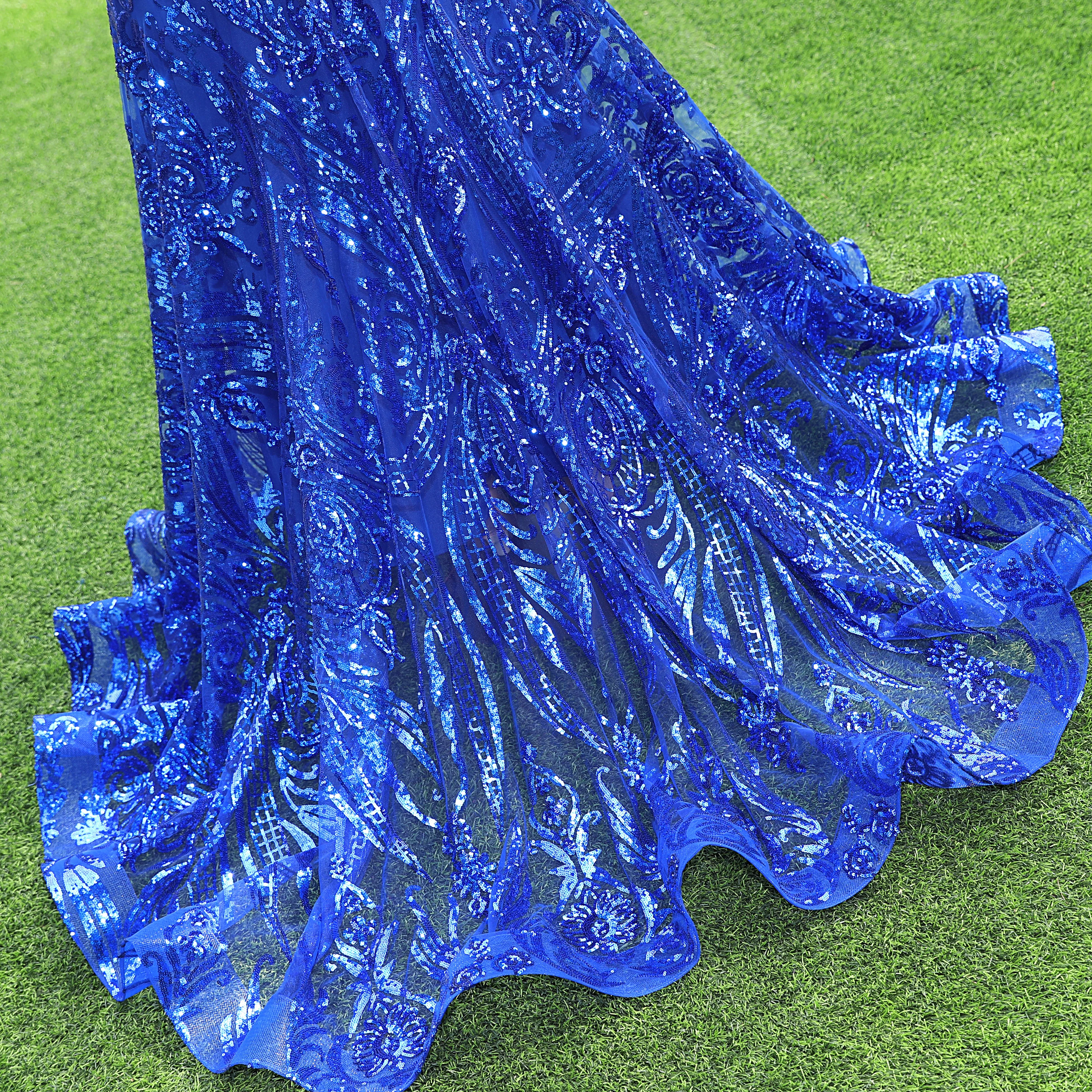 Mermaid Long Prom Dresses Sequin Royal Blue Evening Dresses Feather Sleeveless