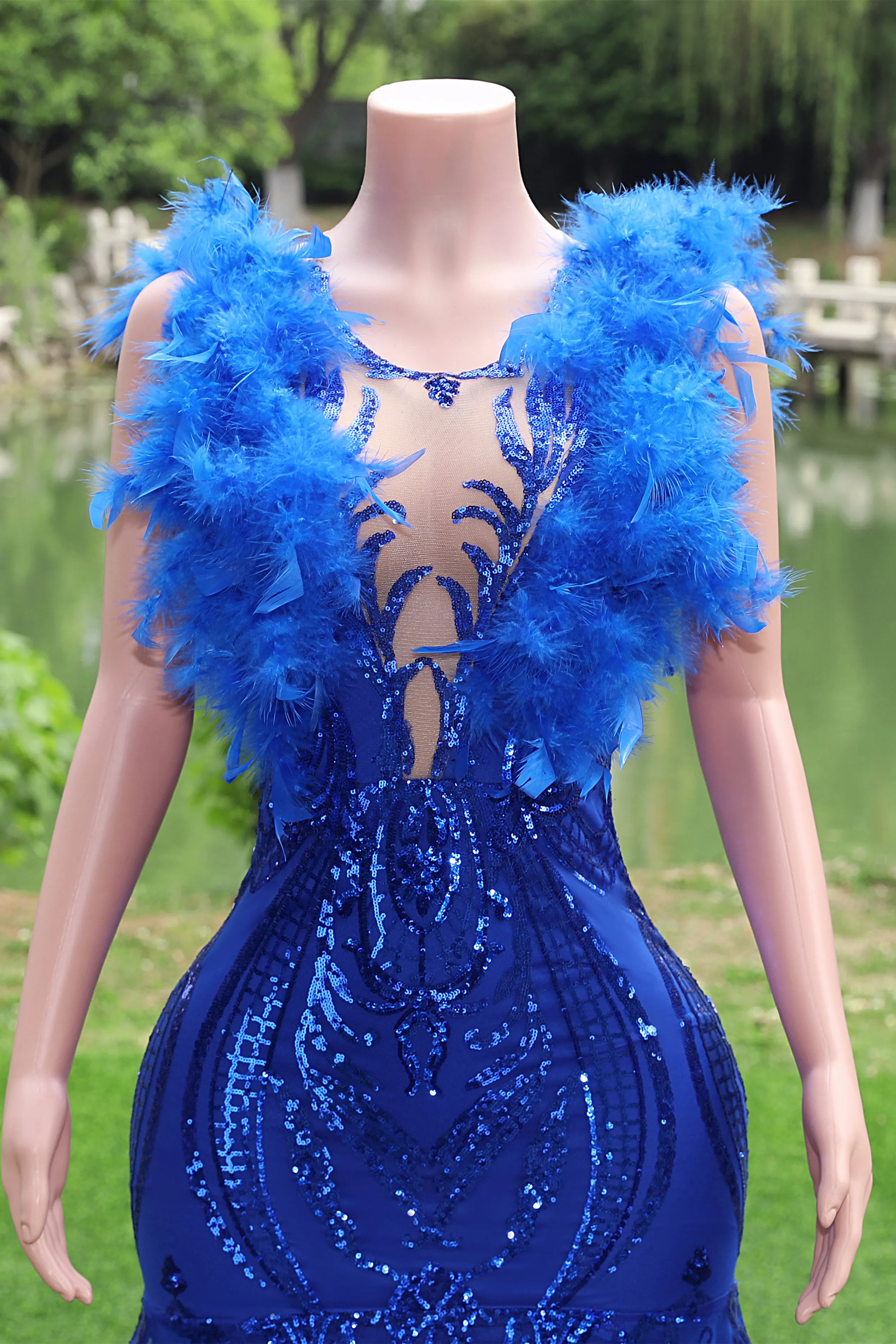 Mermaid Long Prom Dresses Sequin Royal Blue Evening Dresses Feather Sleeveless