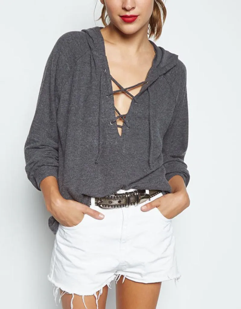 Michael Lauren Carson Lace Up Hoodie in Charcoal Black