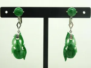 Mid Century Natural Jadeite Dangle Earrings Rhodium over Sterling w/ Mason-May