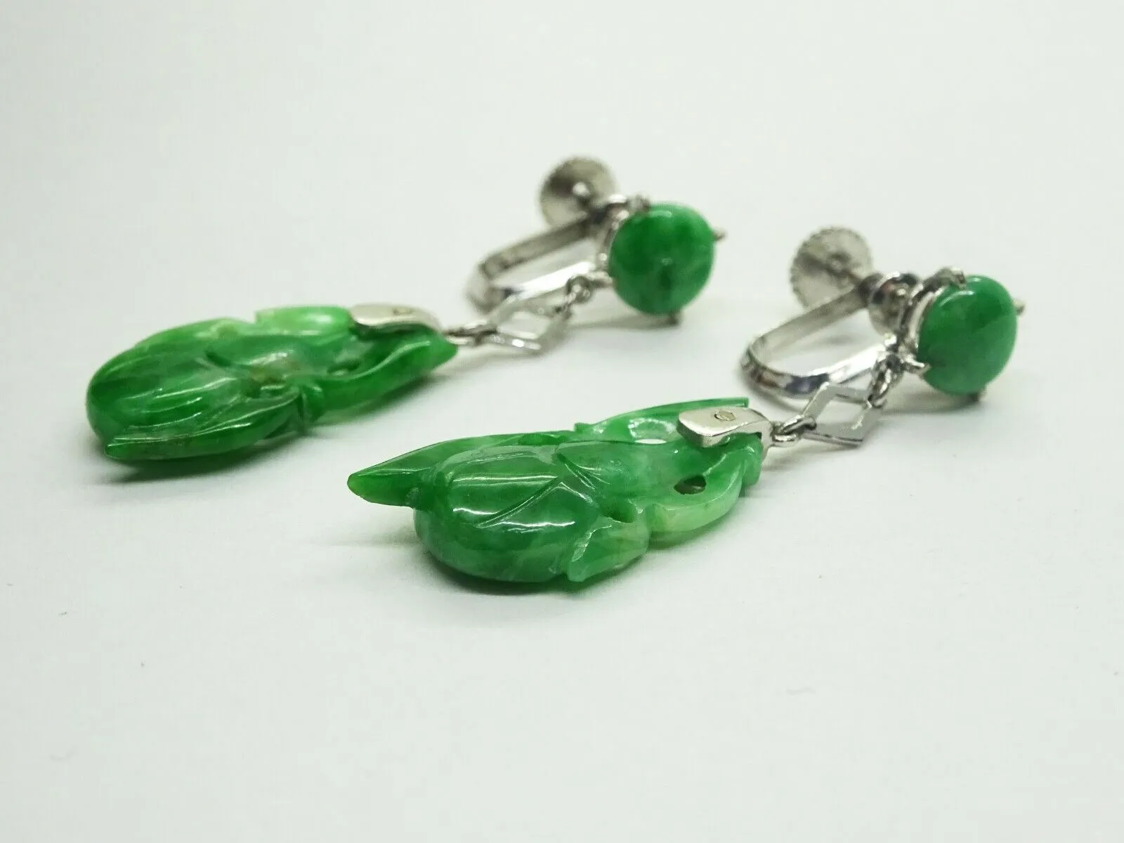 Mid Century Natural Jadeite Dangle Earrings Rhodium over Sterling w/ Mason-May