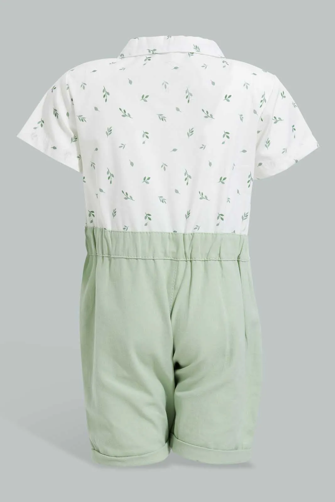 Mint And White Leaf Romper With Suspender For Babies