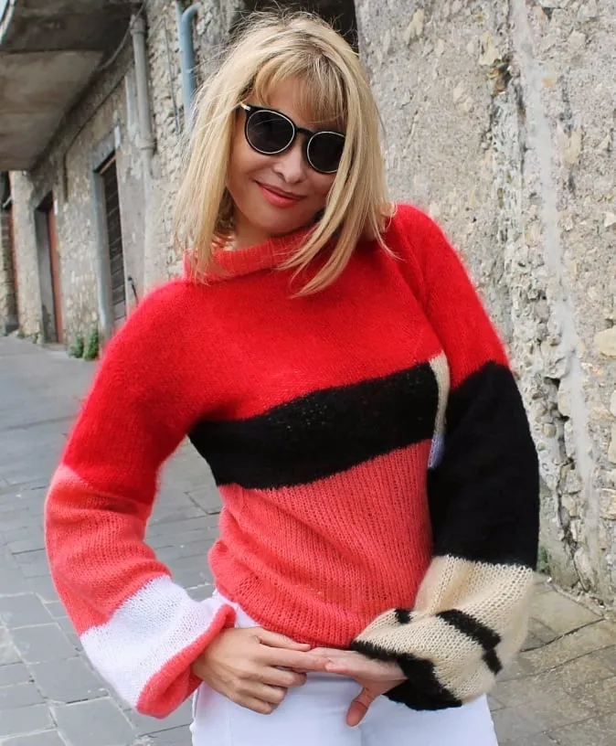 Mohair Handknitted sweater in Color Block Style